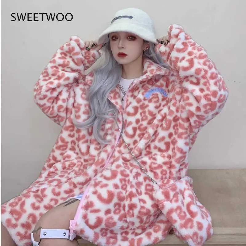 Women Milk Cow Leopard Print Faux Fur Jackets Winter Thick Warm Korean Loose  Casual Outerwear Harajuku