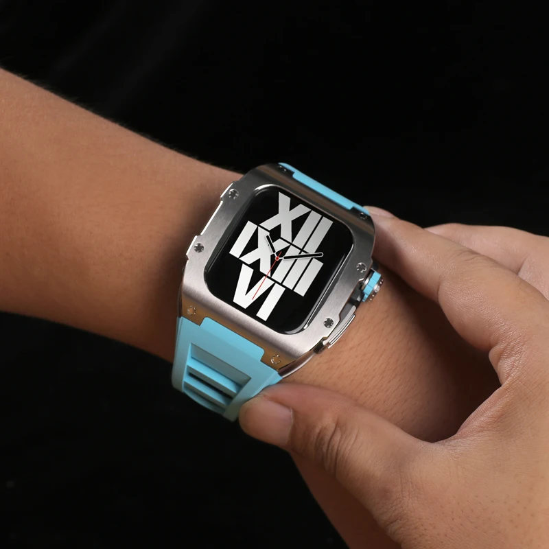 Luxury Carbon Fiber Modification Kit For Apple Watch 8 7 45mm Fluorine Rubber Strap Titanium Alloy Case for iWatch 6 5 4 SE 44mm