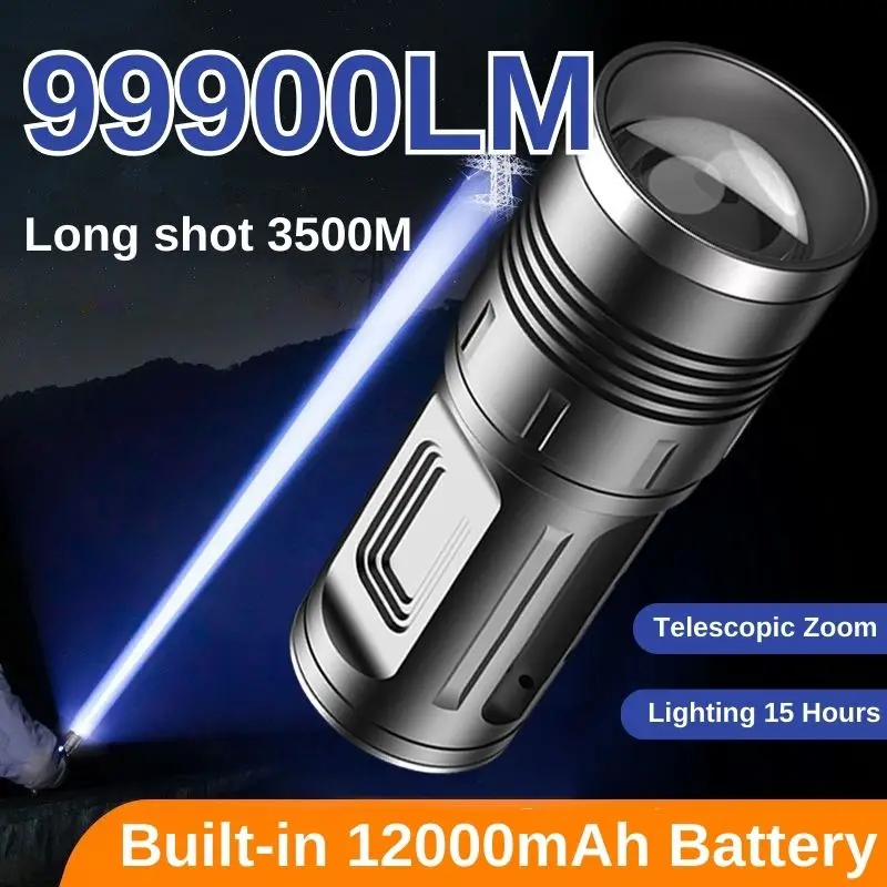 

Супер яркий светодиодный фонарик, мощный встроенный аккумулятор емкостью 12000 мАч, перезаряжаемый USB 18650, охотничьи тактические фонарики