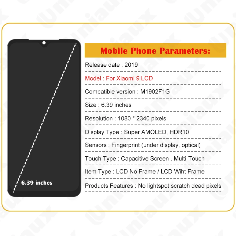 6.39'' Original AMOLED For Xiaomi Mi 9 M1902F1G LCD Display Touch Screen Digitizer Assembly Replacement |