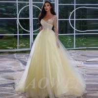 haowen elegant long tulle prom dresses one shoulder sequined beading v neck a line evening dress long sleeves wedding party gown