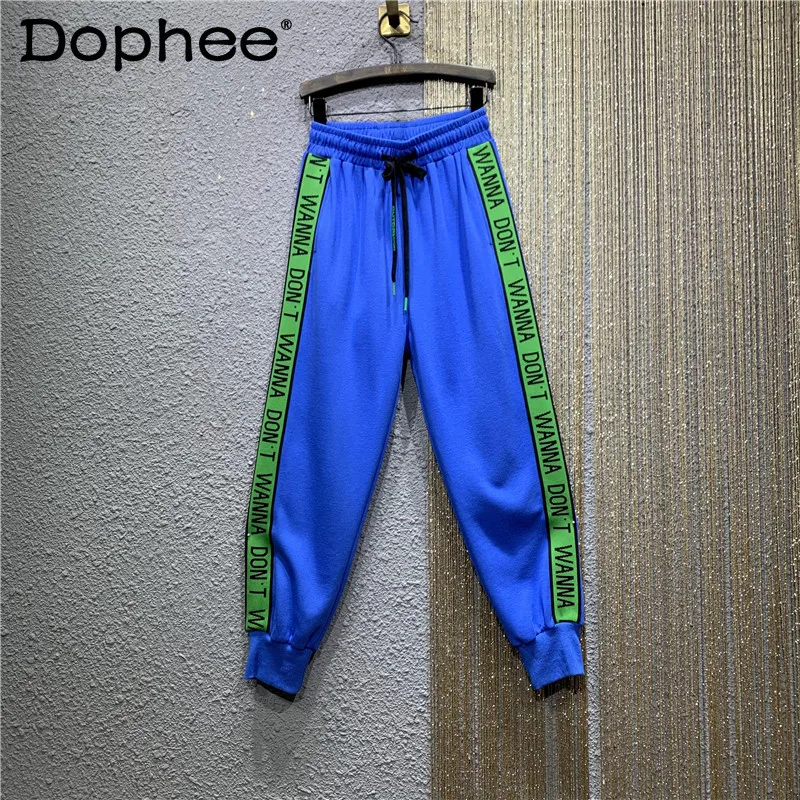 

Fashion Knitted Stitching Sports Casual Pants Women 2022 Spring New Clothes Elastic Waist Loose Straight Harem Pants Sweatpants