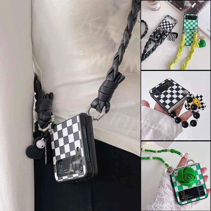 Fashion Checkerboard Shoulder Strap Lanyard Phone Case for Samsung Galaxy Z Flip 3 5G Full Protective PU Leather Hard PC Cover