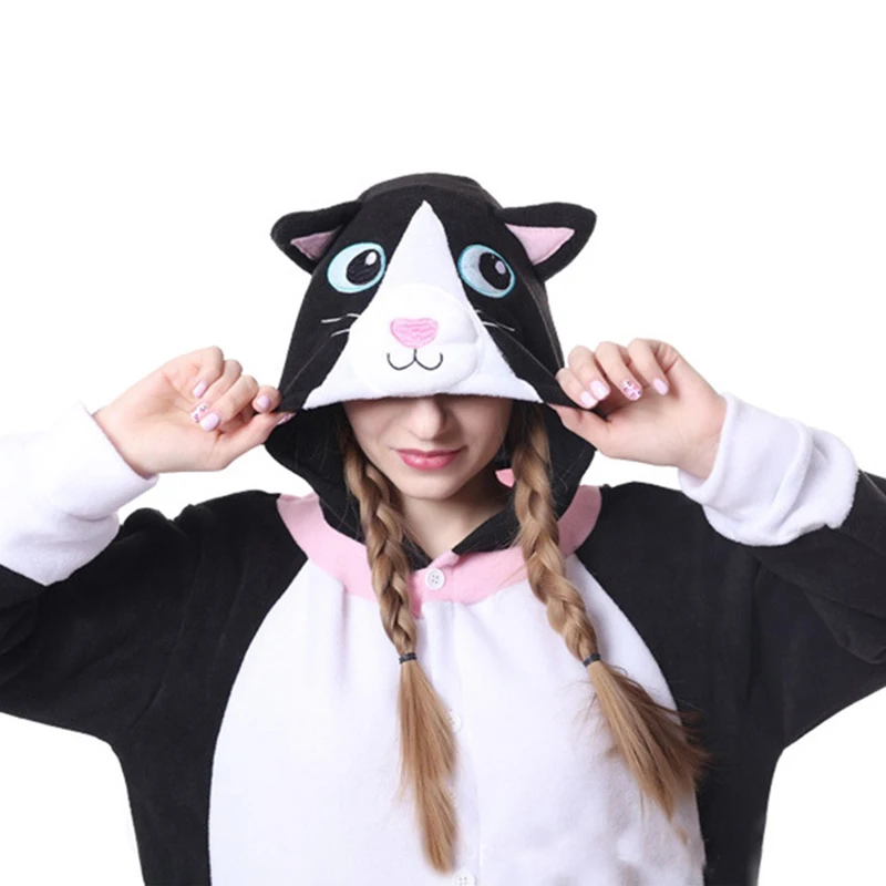 Kigurumi Onepiece Pajamas Adult Animal Cat Cosplay Onesie Women Men Couple Winter Pajamas Suit Anime Sleepwear Flannel Homewear
