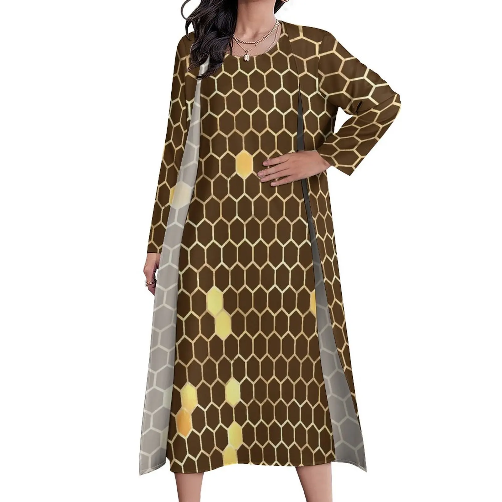 

Honey Bee Hives Dress Geometric Print Trendy Maxi Dress Street Wear Casual Long Dresses Female Two Piece Print Oversize Vestidos