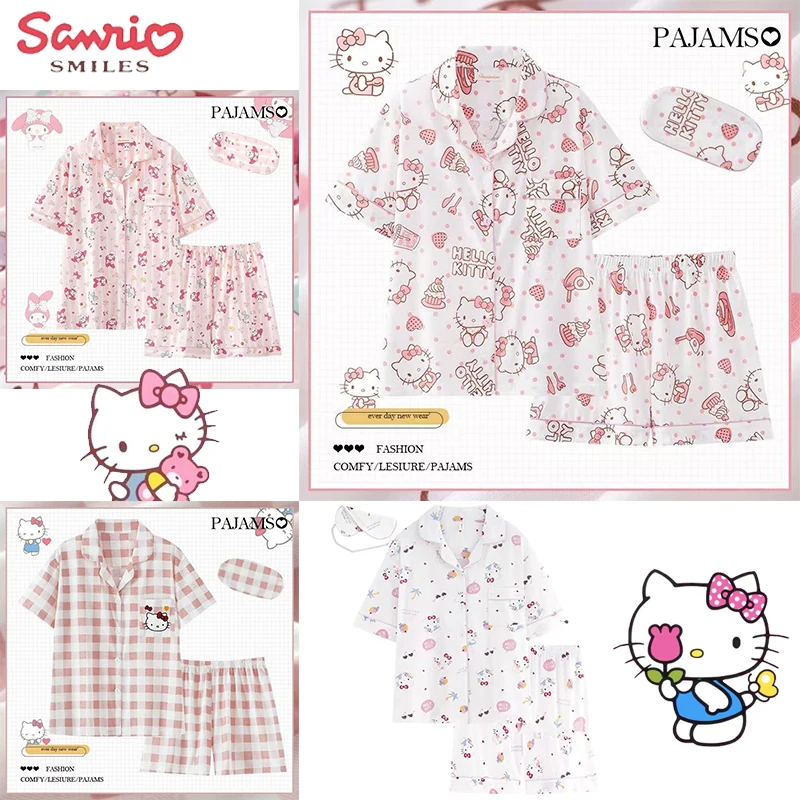 

Kawaii Sanrio Anime Collection Adult T-Shirt Short Sleeve Pajamas Set Hello Kitty Kuromi Cinnamoroll Cute Summer Home Wear 2Pcs