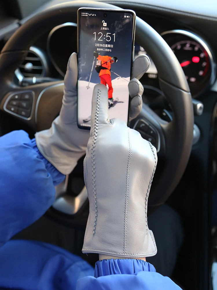 Женские перчатки из овечьей кожи зимние теплые бархатные тонкие для сенсорных