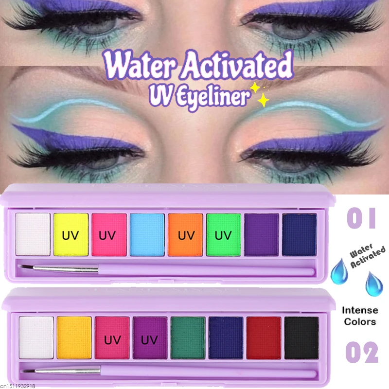 

8 Colors Water Activated Eyeliner UV Light Neon Pastels Eyeliner Pastel-Black Light UV Reactive Eyeliner Glow in Dark Eye liner