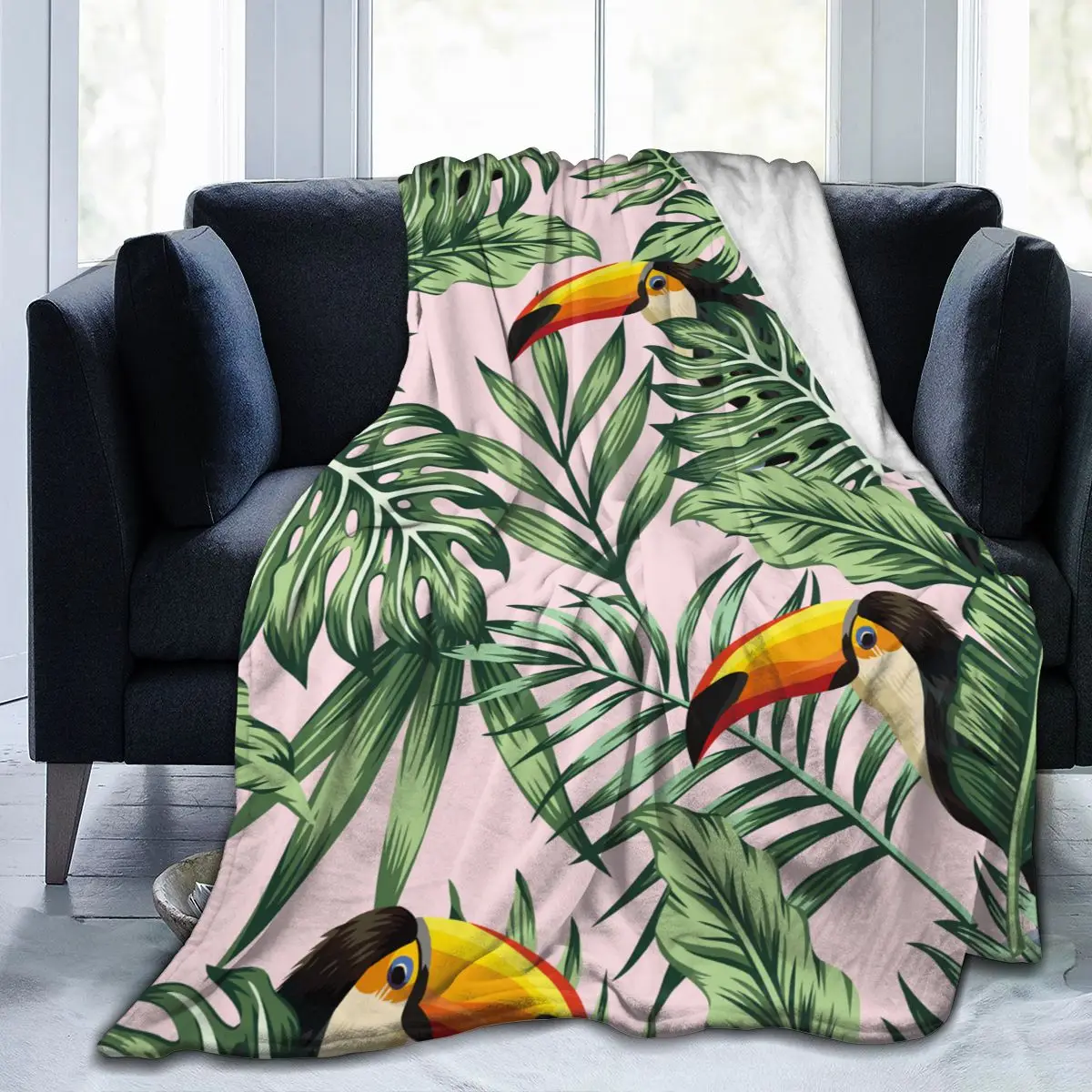 

Soft Flannel Blanket Tropical Jungle Palm Monstera Leaves With Bird Toucan Travel Portable Winter Throw Thin Bed Sofa Blanket