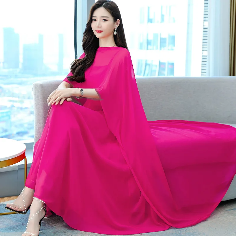 Muslim dress for women 2023 White Chffon Casual Dress Red Cloak+Sexy Sling Dress Two Pice Sets Summer Elegant Solid Party Dress