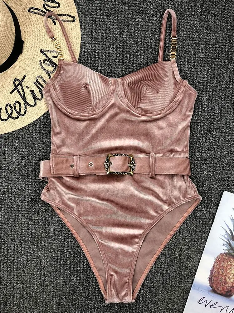 Слитный купальник Gossina 2021 с эффектом пуш-ап женский поясом однотонная летняя