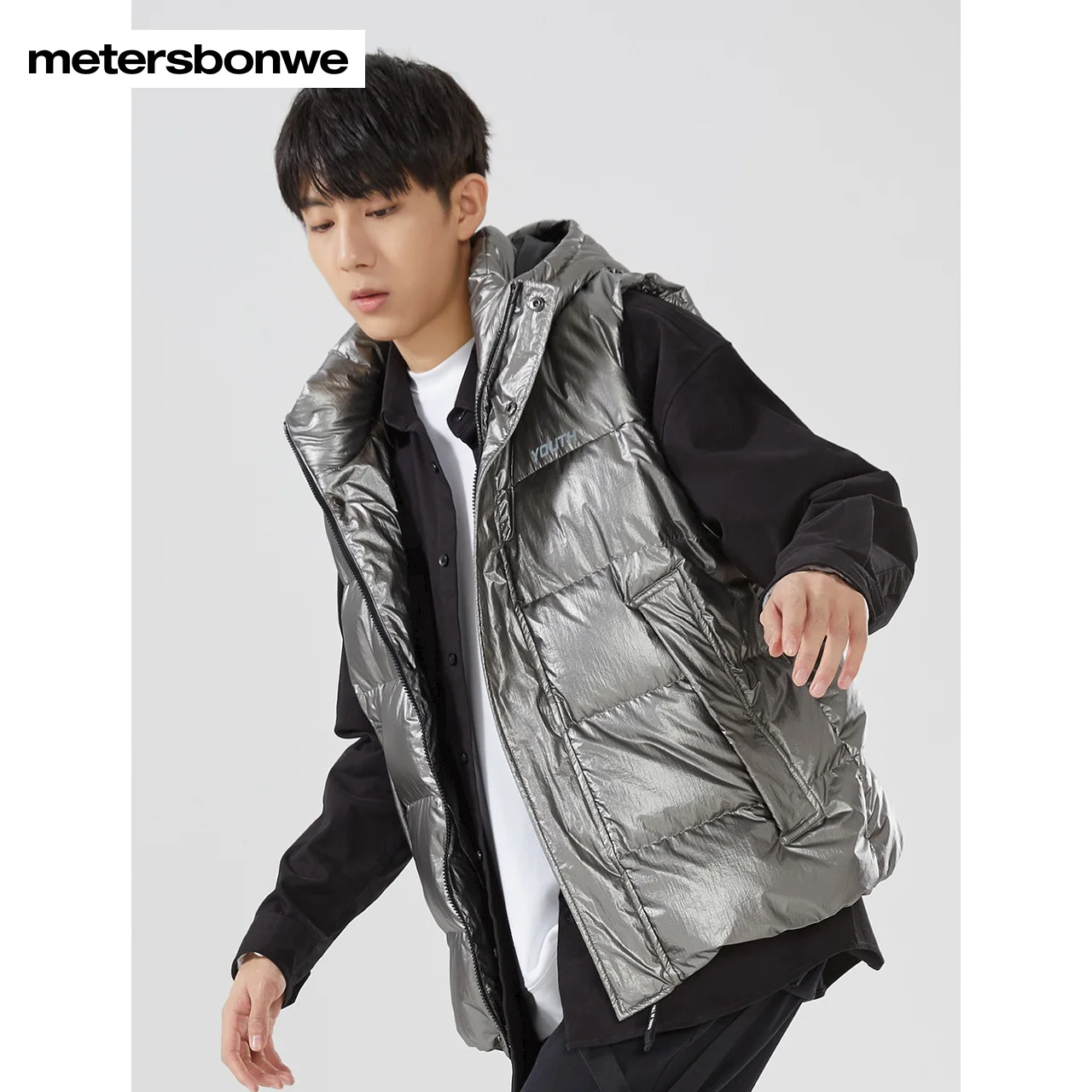 Metersbonwe Trend Camouflage Color Down Vest For Man Loose 90% Gray Duck Down Hooded Warm Wear Winter Outwear Down Vest