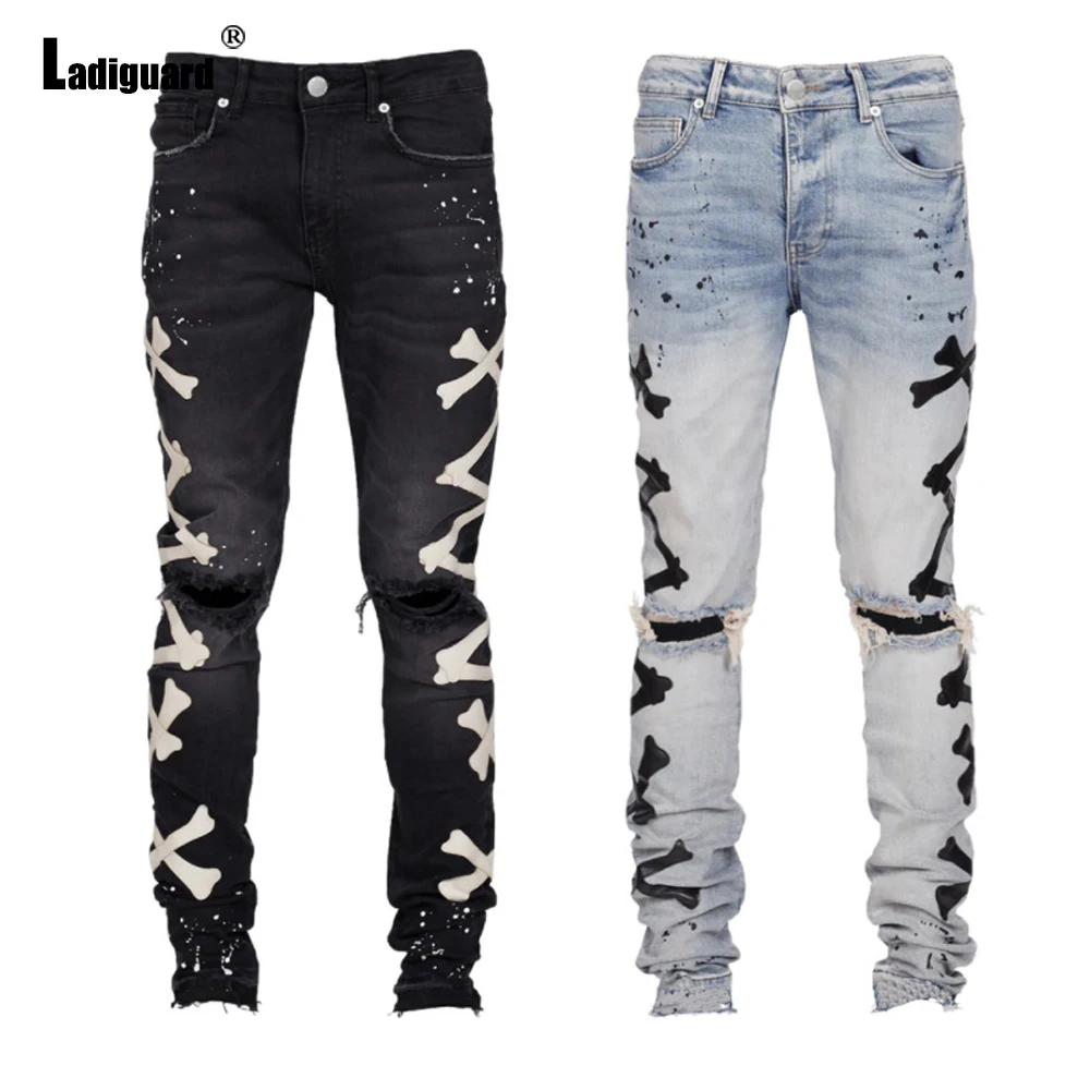 Ladiguard 2022 European Style Fashion Zipper Jeans Gothic 3D Print Demin Pants Sexy Hole Ripped Demin Trouser Men Streetwear