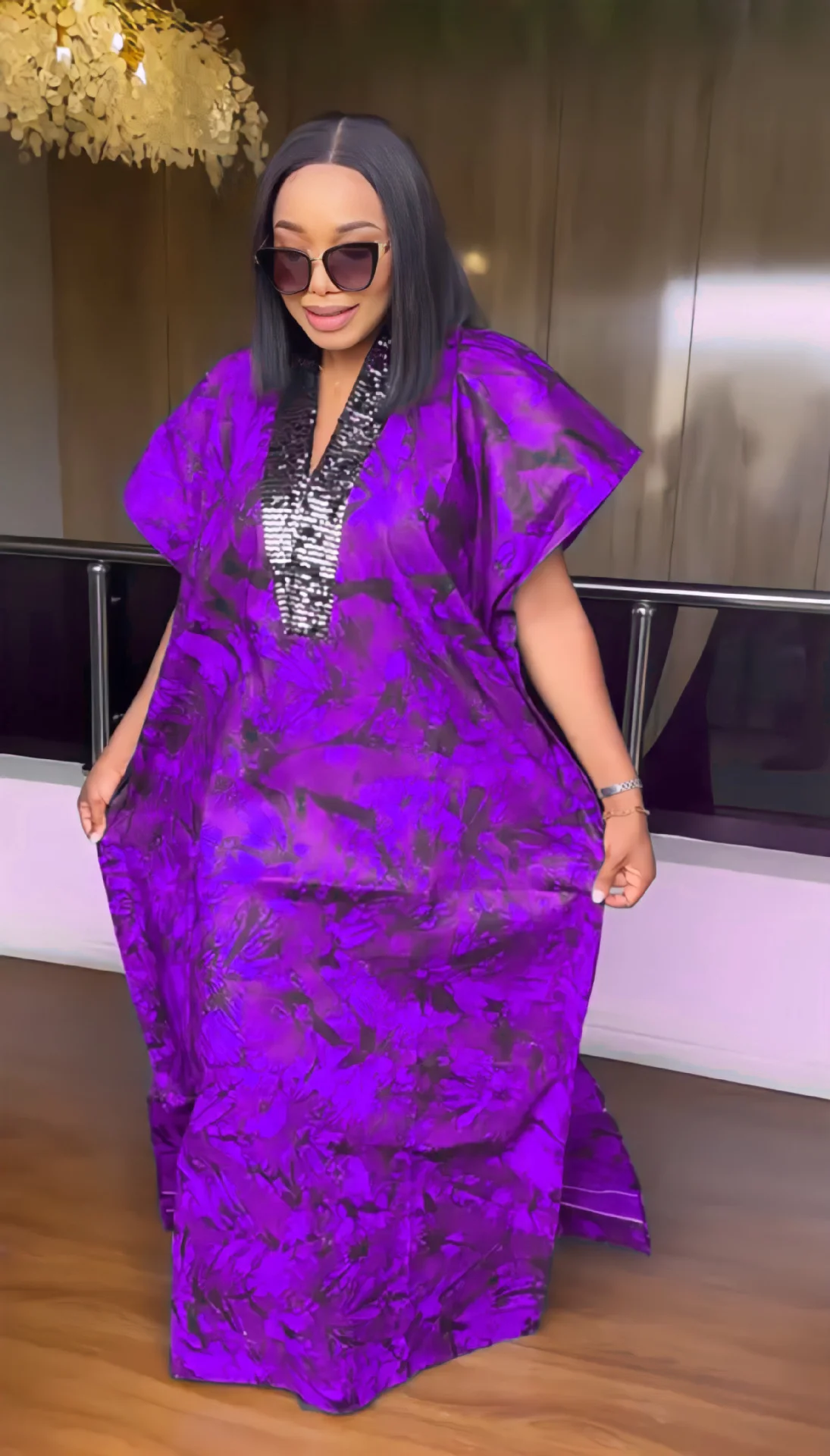 Women's Dress 2023 New Fashion Loose Sequin V-neck Printed Loose Fitting Robe With Headcard Ethical Style Robe Plus Size Dress