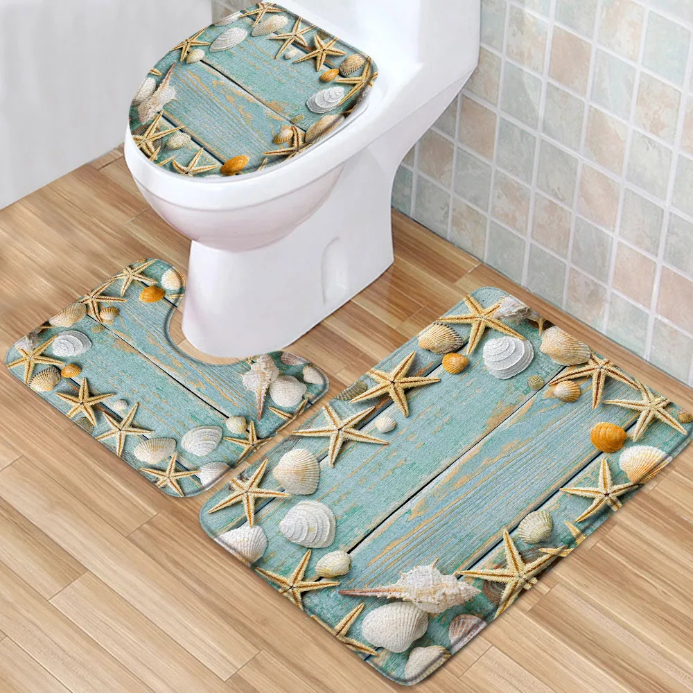 

Beach Scenery Bath Mat Set Ocean Shells Starfish Conch Blue Board Low Pile Memory Foam Bath Mat Toilet Cover U-Shaped Carpet