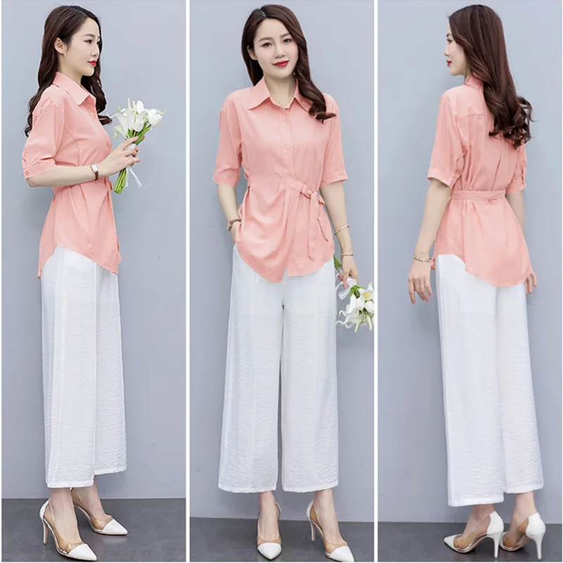 

2PCS Chiffon Women Pants Sets 2023 Summer New Office Lady Solid Turn Collar Short Sleeve Lacing Blouse Female Pantsuits Outfits