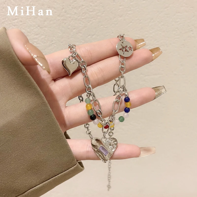 

Mihan Modern Jewelry Colorful Beads Necklace For Women Girl 2022 New Trend Metal Chain Heart Pendant Necklace Wholesale