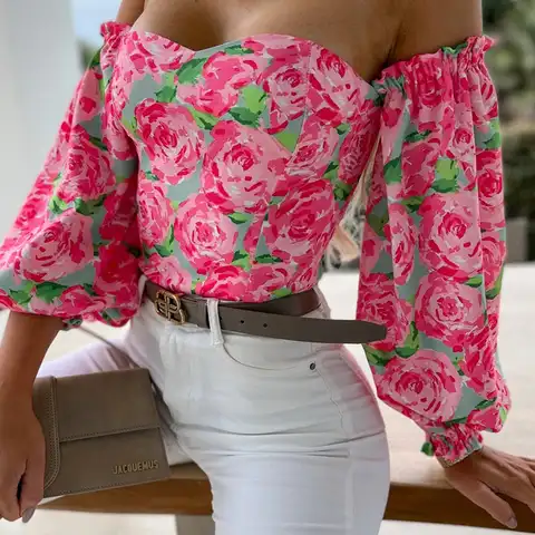 Женская блузка с открытыми плечами, длинным рукавом-фонариком, вырезом лодочкой и цветочным принтом, сексуальная пляжная Блузка с открытой ...