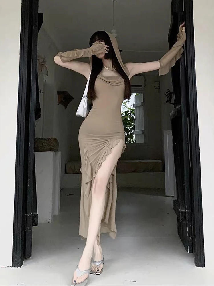 

Женское длинное платье, лето 2023, дюна, пустошь, длинное платье с капюшоном, однотонное платье в стиле ретро, сексуальное тонкое платье с разрезом, модное платье для отпуска, обтягивающее платье для улицы