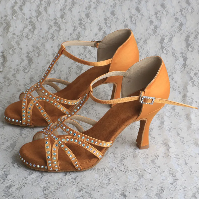 Wedopus Brozne Dance Sandals Woman with Rhinestones Covered Platform Dancing Shoes 8.5CM