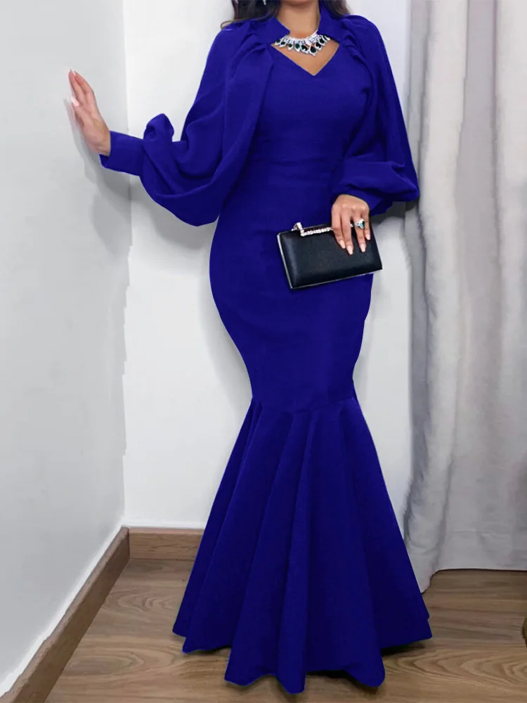 

Elegant Dinner Party Women's Dress 2022 New Sexy V-Neck Bodycon Ruffles Long Mermaid Robe Puff Sleeve Maxi Black Vestido