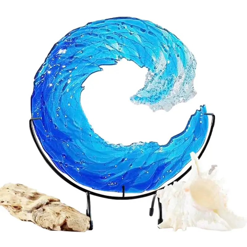 

Glass Wave Sculpture Acrylic Blue Sea Wave Sculpture Fused Glass Crashing Blue Ocean Wave Art Panel With Stand Home Decor