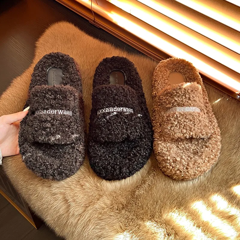 

Fluffy Muffin Thick Bottom Slippers Female 2023 New Autumn and Winter Large Size One Word Indoor Warm Cotton Mop Female