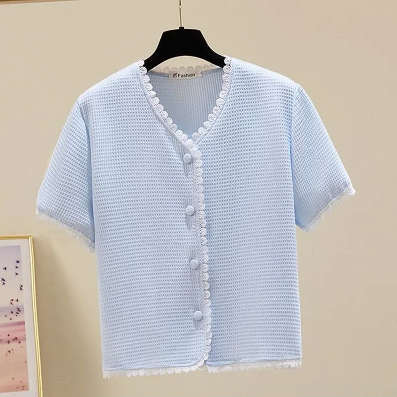 

Simple Fashion Women Solid Color Lace V-Neck Chiffon Short Sleeve T-Shirt Office Lady Clothing Cute Girl Party Vacation Shirt