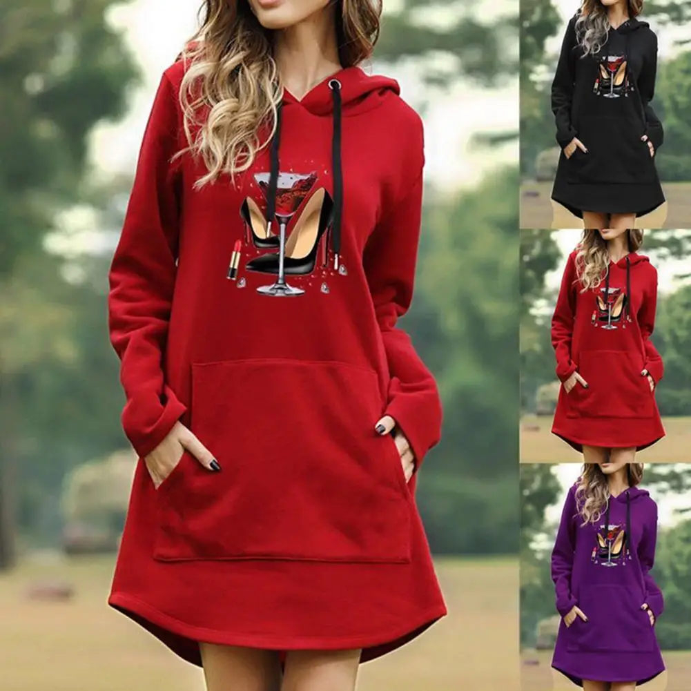 

Women Dress Casual Big Pocket Hooded High Heel Printed Lady Dress for Daily Wear