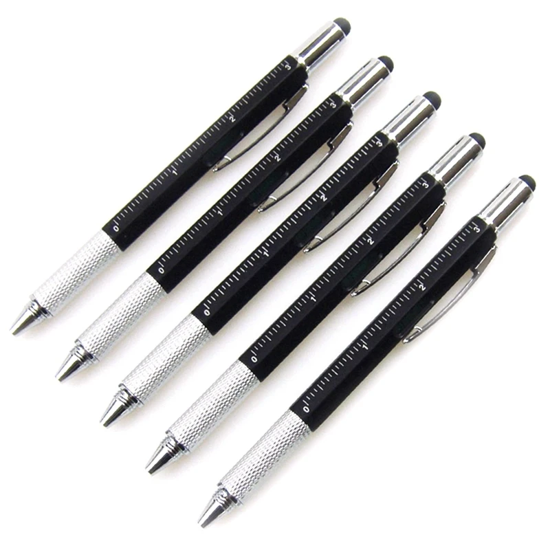 

5 Pcs Multi-Tool 6 In 1 Ballpoint Pen With Ruler, Level Gauge, Ballpoint Pen, Stylus ,Touch Screen Stylus And Screw Driver, Mult