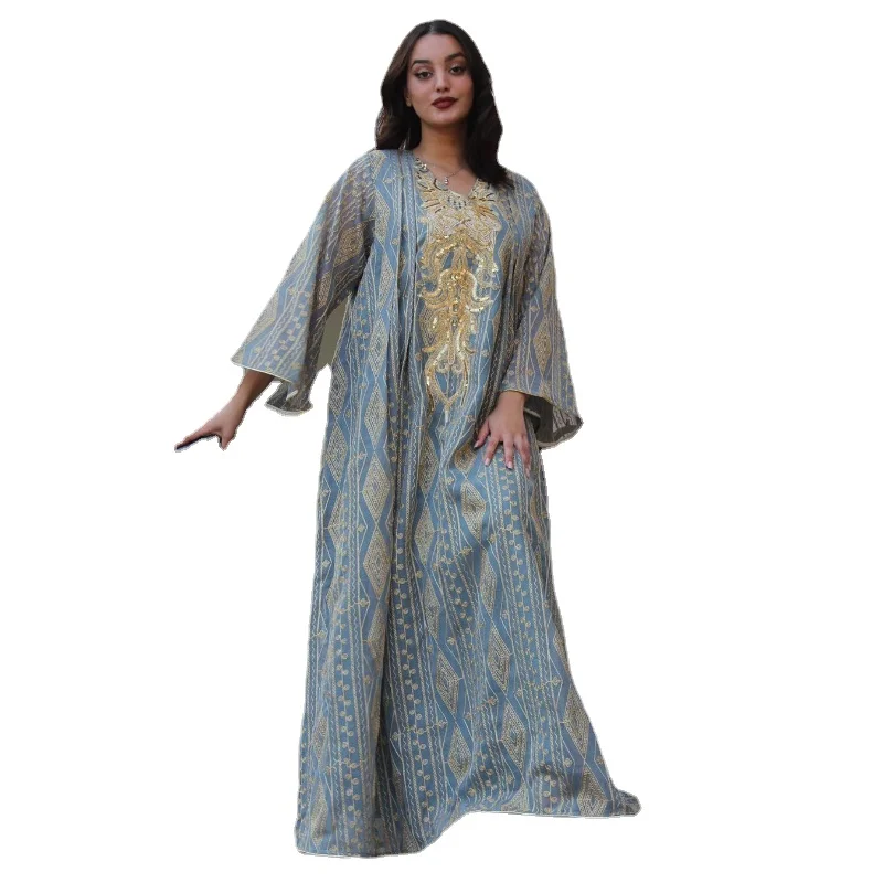 Jalabiya Ramadan 2023 Kuwaiti Kaftan Dubai Luxury Sequins Ethnic Embroidery Long Dresses Vintage Women Abaya Happy Eid Mubarak