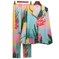 new women pajama set hand drawn art tropical plants pyjama set silk like nightwear long home wear clothes sleepwear homewear