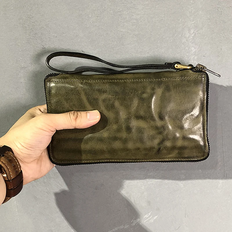 New wash water to do old fold men's money bun layer cowhide retro long clutch zipper soft leather