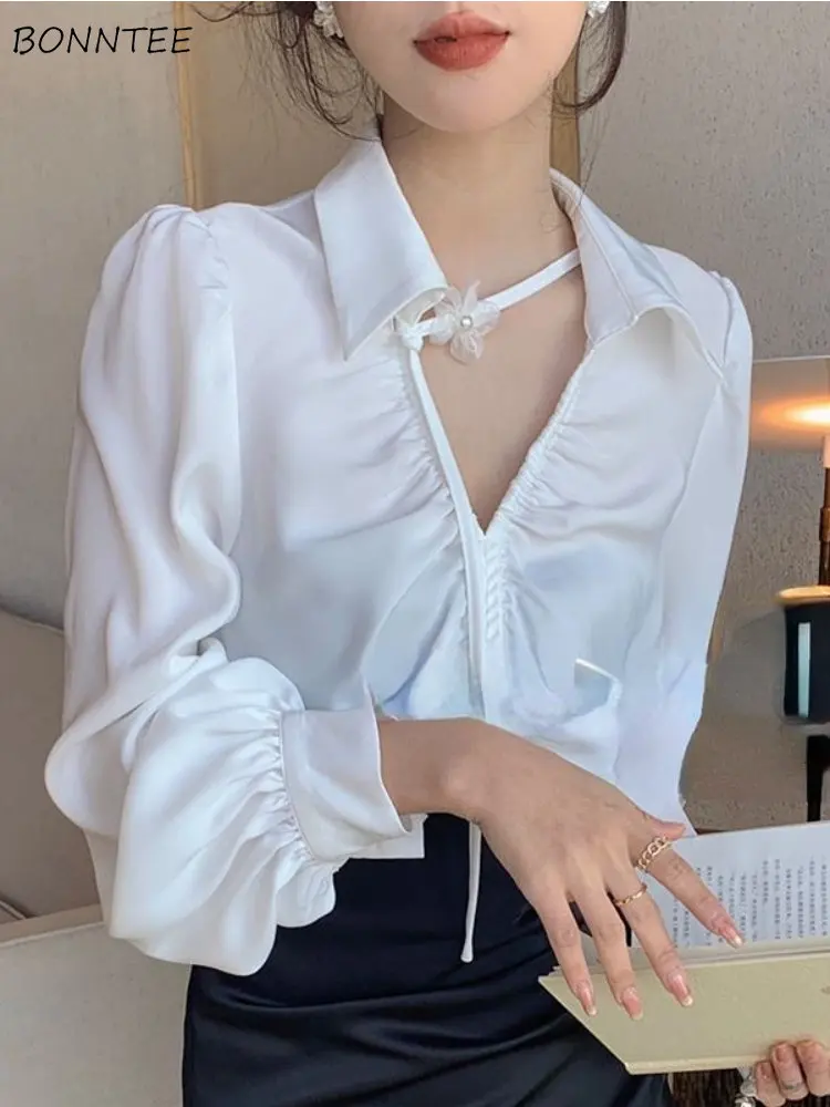 

Блузка Женская Весенняя однотонная с V-образным вырезом и рюшами