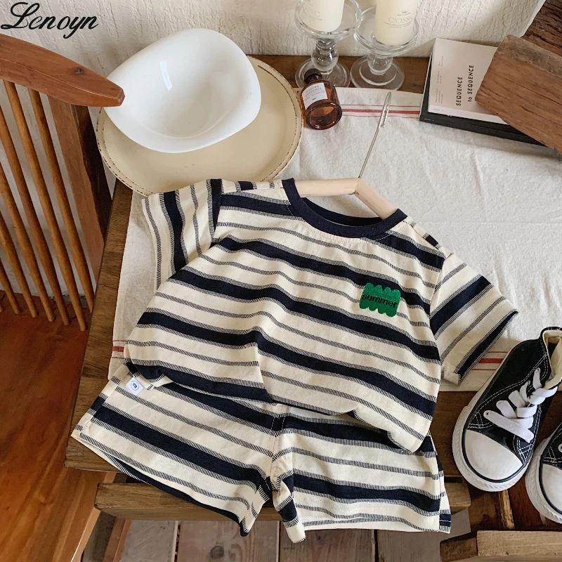 

Lenoyn 2023 Summer New Boys' Two Piece Set Baby Summer Fashion Breathable Stripe Fabric Children's Short Sleeves