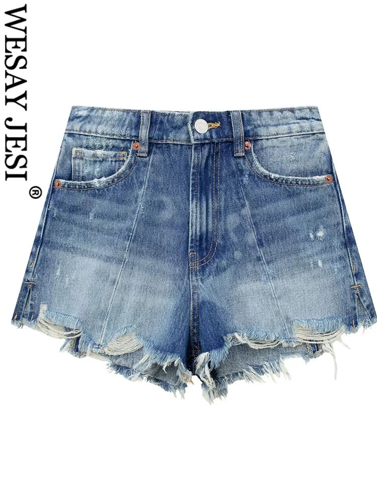 

WESAY JESI TRAF Women Fashion Bermuda High Waist Denim Shorts Woman Streetwear Vintage Zipper Frayed Hem Ripped Female Shorts