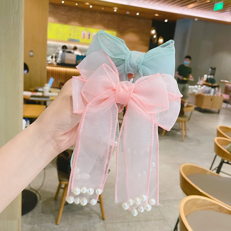 

Korean Super Fairy Solid Silk Lace Pearl Tassel Bow Hair Clips For Girl Child Butterfly Pink Princess Ribbon Hairpin Fashion