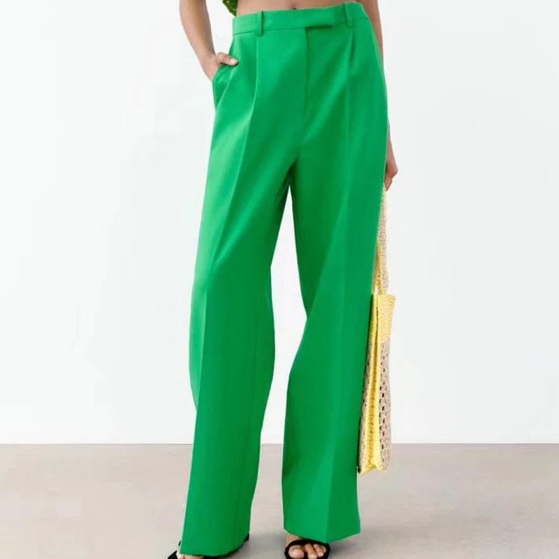 

2022 Spring Summer Women Fashion Solid Suit Pants Neutral Wind Loose High Waist Pleated Decoration Wide Leg Trousers HH6601