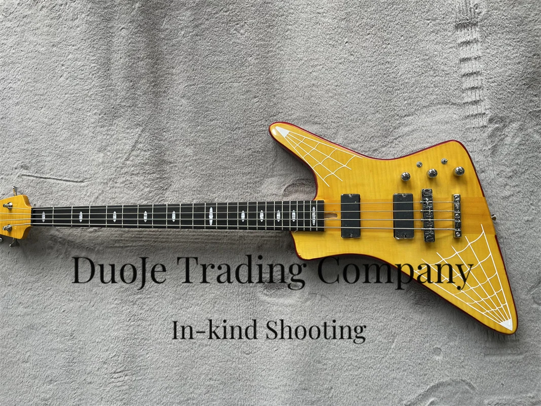 Желтый бас 4-струнный электрический Кленовая шея через корпус из липы горелый