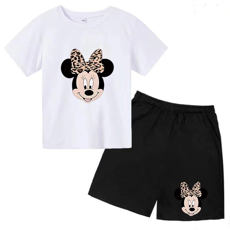 Mickey Mouse T-shirt Set Children's Short Sleeve Shirt Disney Minnie Print Summer Boys Girls Baby Toddler Casual Party Clothing