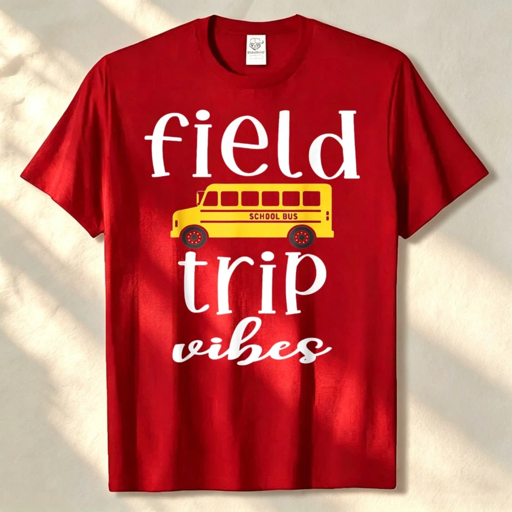 Фото Футболка с принтом школьного автобуса в стиле Field Trip Vibes, дышащая, забавная, для активного отдыха, из высококачественного хлопка, с короткими рукавами №5