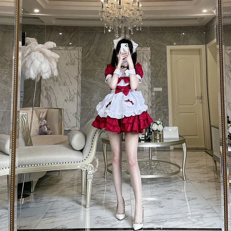

Secondary Yuan Cat Maid Costume Anime Cosplay Red Sexy Uniform Seducing Lolita Dress