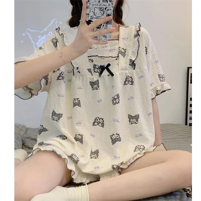 

Милый домашний Пижамный костюм Sanrio, летняя тонкая хлопковая свободная Милая Пижама с коротким рукавом, милая домашняя одежда для девочек