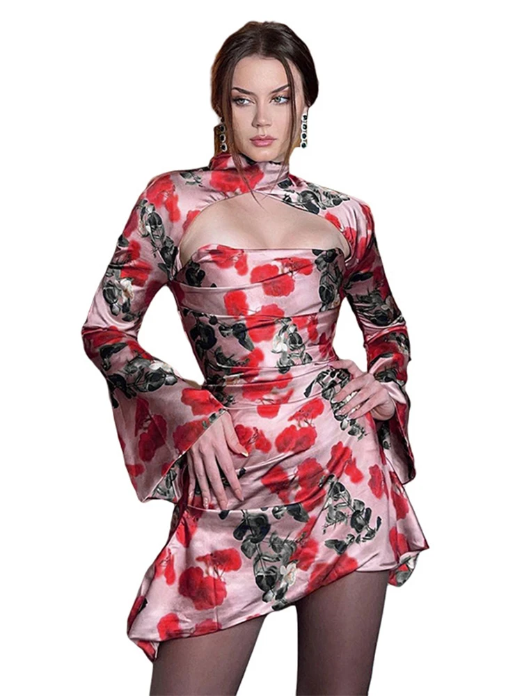 

spring Temperament Sexy Hollow Out Printing Flare Sleeve Elegant Ruched Nightclub Dresses for Women 2022 Party Vestido Feminino