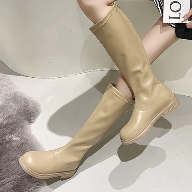 

Classic Knee-High Round Toe High Boots Autumn Winter Warm Flat with Shoes Women Chelsea Boots Fashion PU Leather Ladies Botas