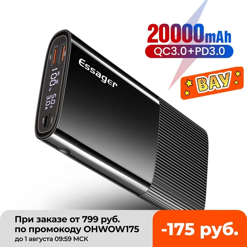 

Essager Power Bank 20000mAh USB Type C PD QC 3.0 Powerbank Portable External Battery Pack Charger For Xiaomi 20000 mAh Poverbank