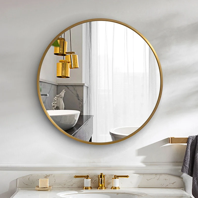 

Border Hanging Bathroom Mirror Round Unbreakable Vanity Metal Bathroom Mirror Safety Modern Custom Espejo Bathroom Accessories