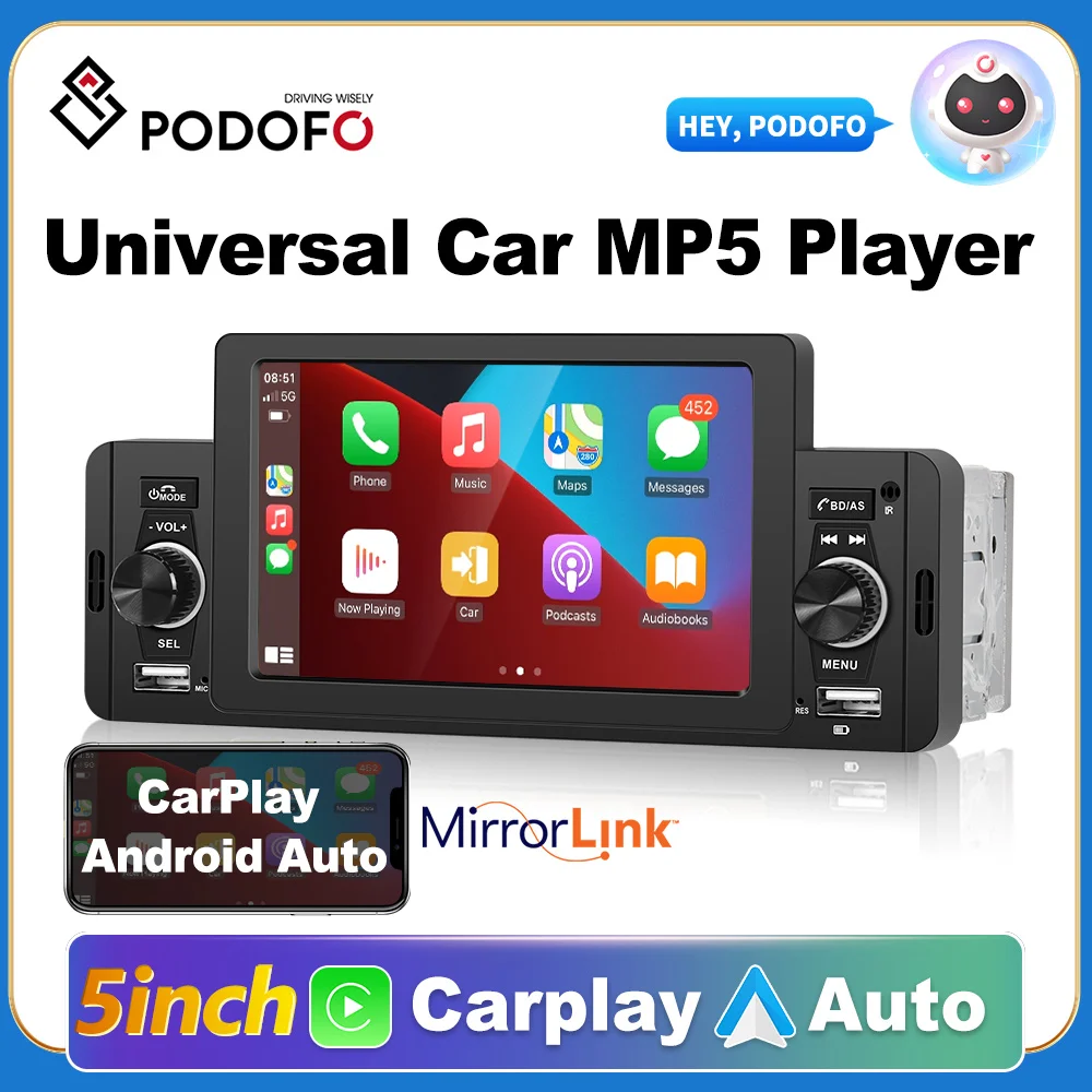 Podofo Car Radio 1 Din CarPlay Android Auto Multimedia Player Bluetooth MirrorLink FM Receiver For Volkswagen Nissan Toyota