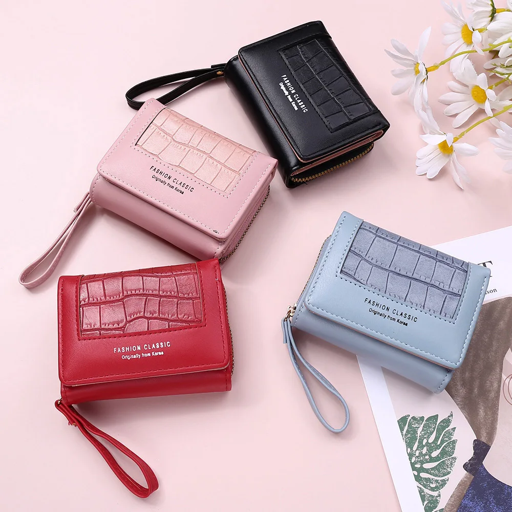 

New Women's Short Wallet Fashion Retro Crocodile Texture PU Leather Large Capacity Multi-card Zipper Bags Tri-fold Coin Purse