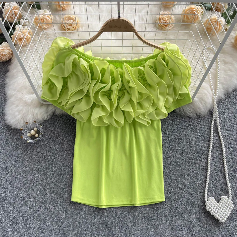 

Women's Summer New Fashion Round Neck Ruffle Short Sleeve T-shirt Sweet Off Shoulder Loose Western Solid Color Tee Tops F312
